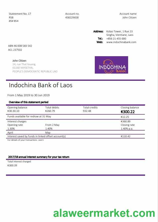 Laos Indochina Bank statement